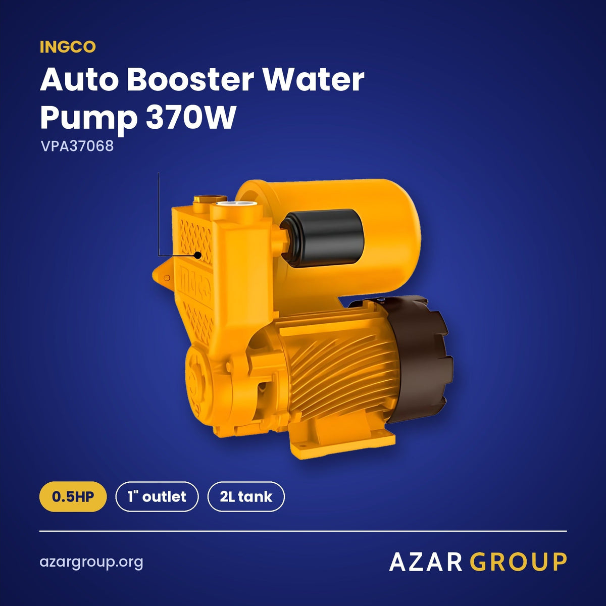 INGCO VPA37068 Auto Booster Water Pump 370W – 0.5HP, 1" outlet, 2L tank