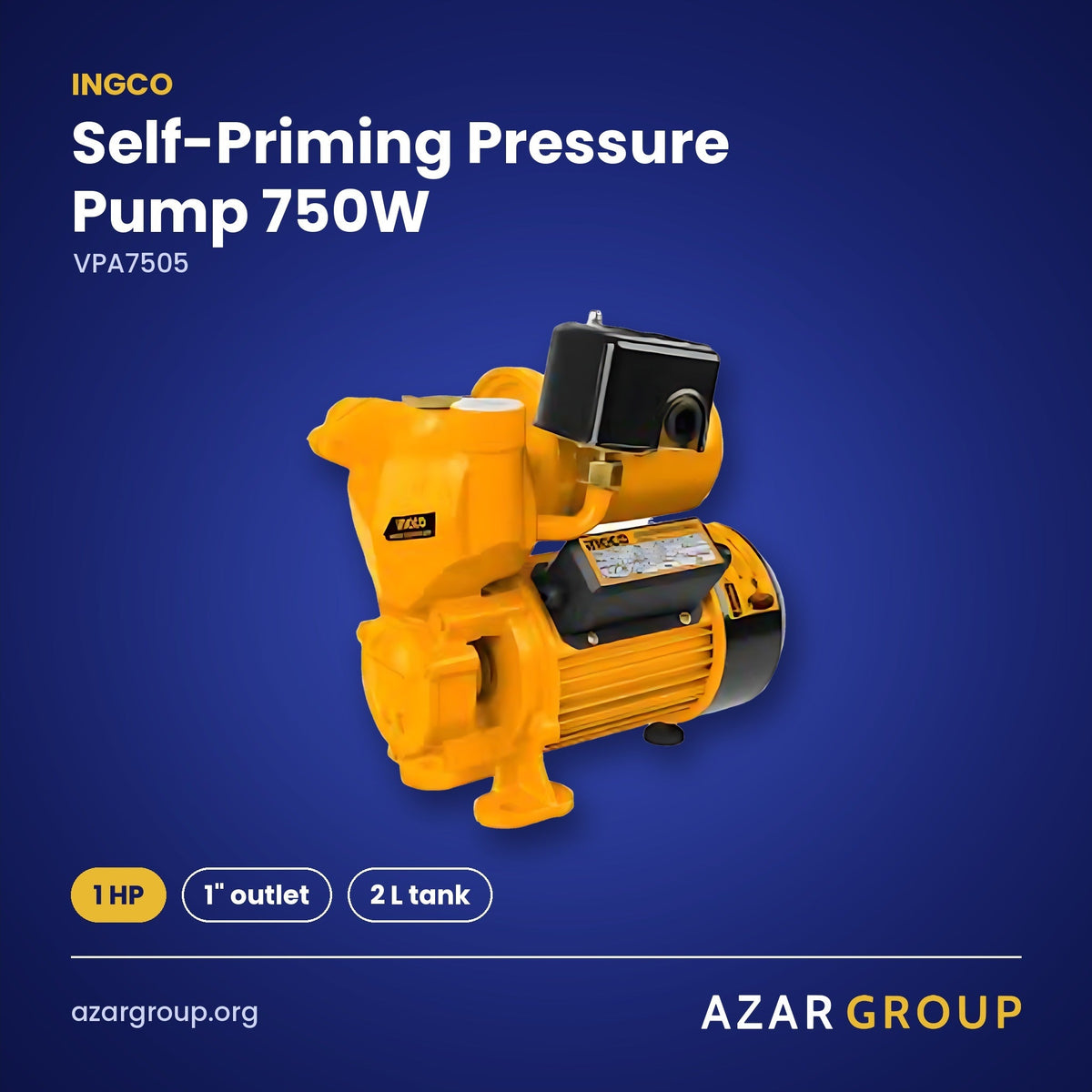 INGCO VPA7505 Self-Priming Pressure Pump 750W – 1 HP, 1" outlet, 2 L tank