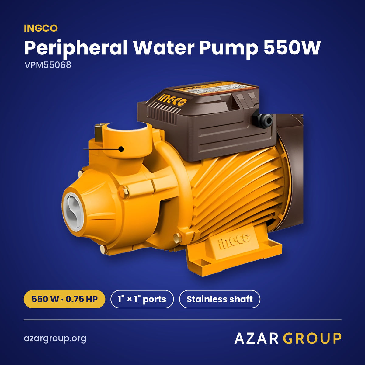 INGCO VPM55068 Peripheral Water Pump 550W – 550 W · 0.75 HP, 1″ × 1″ ports, Stainless shaft