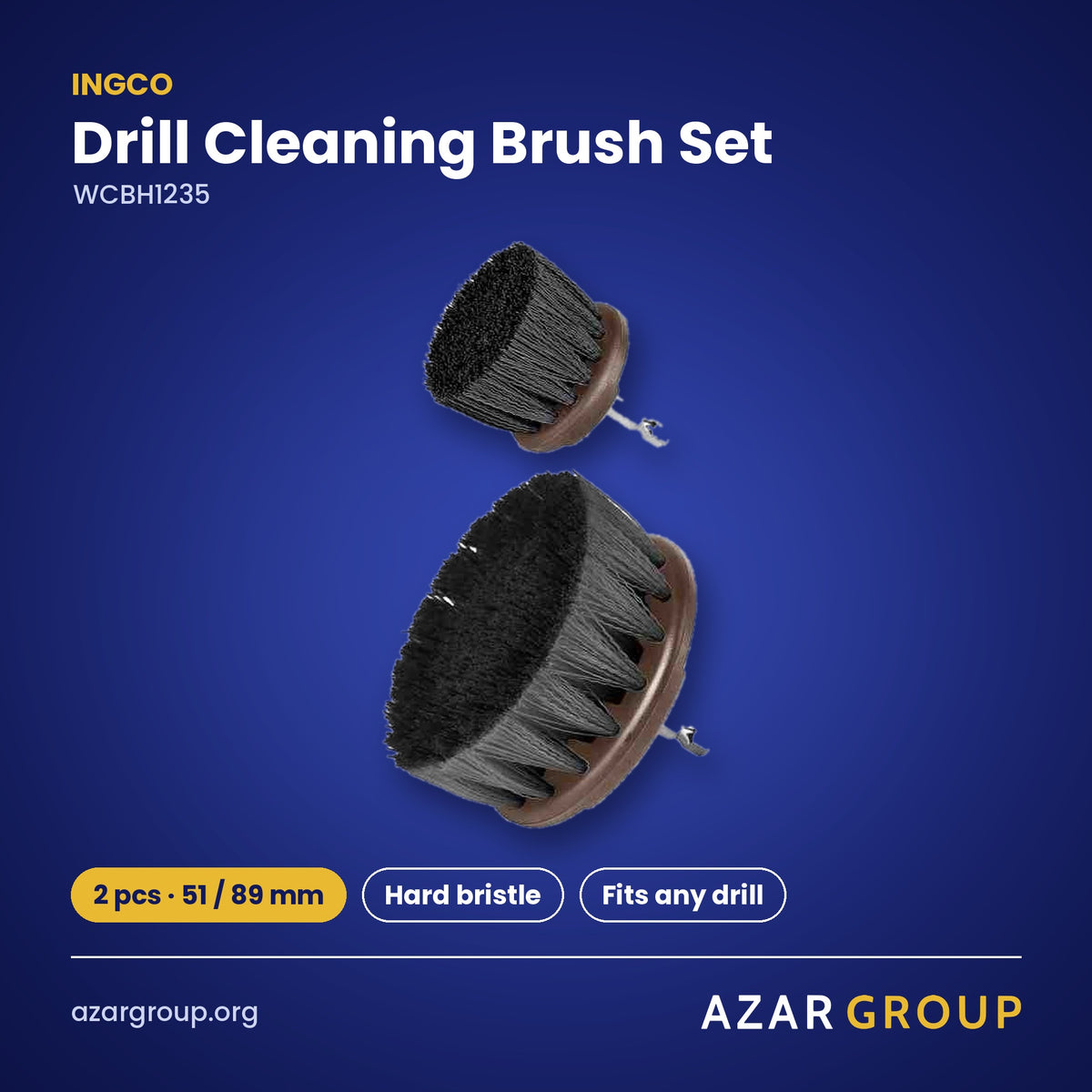 INGCO WCBH1235 Drill Cleaning Brush Set – 2 pcs · 51 / 89 mm, Hard bristle, Fits any drill