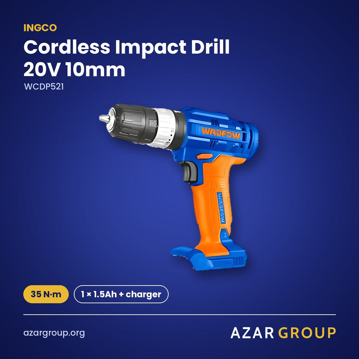 INGCO WCDP521 Cordless Impact Drill 20V 10mm – 35 N·m, 1 × 1.5Ah + charger
