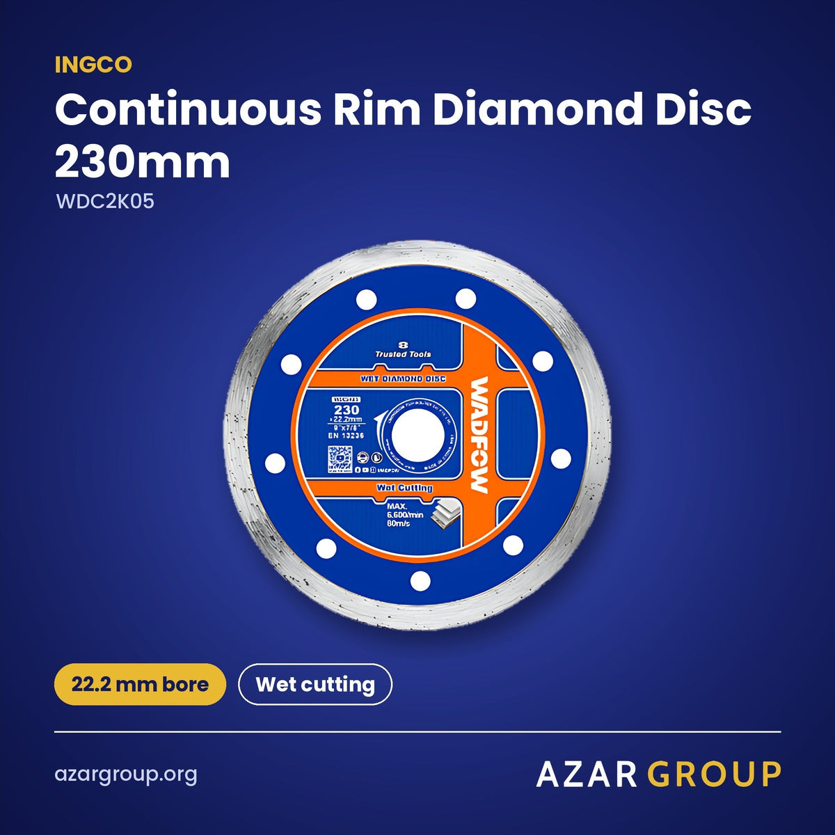 INGCO WDC2K05 Continuous Rim Diamond Disc 230mm – 22.2 mm bore, Wet cutting