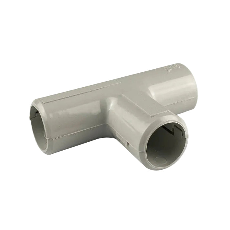 A gray plastic T-joint pipe connector on a clean white background, with a small 'CLAN' watermark in the bottom right corner.