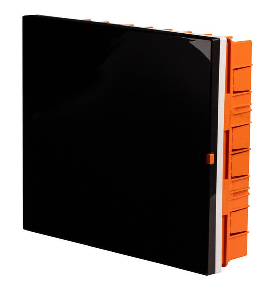 A glossy black rectangular panel or cover with bright orange side tabs and a white edge, shown on a plain white background.