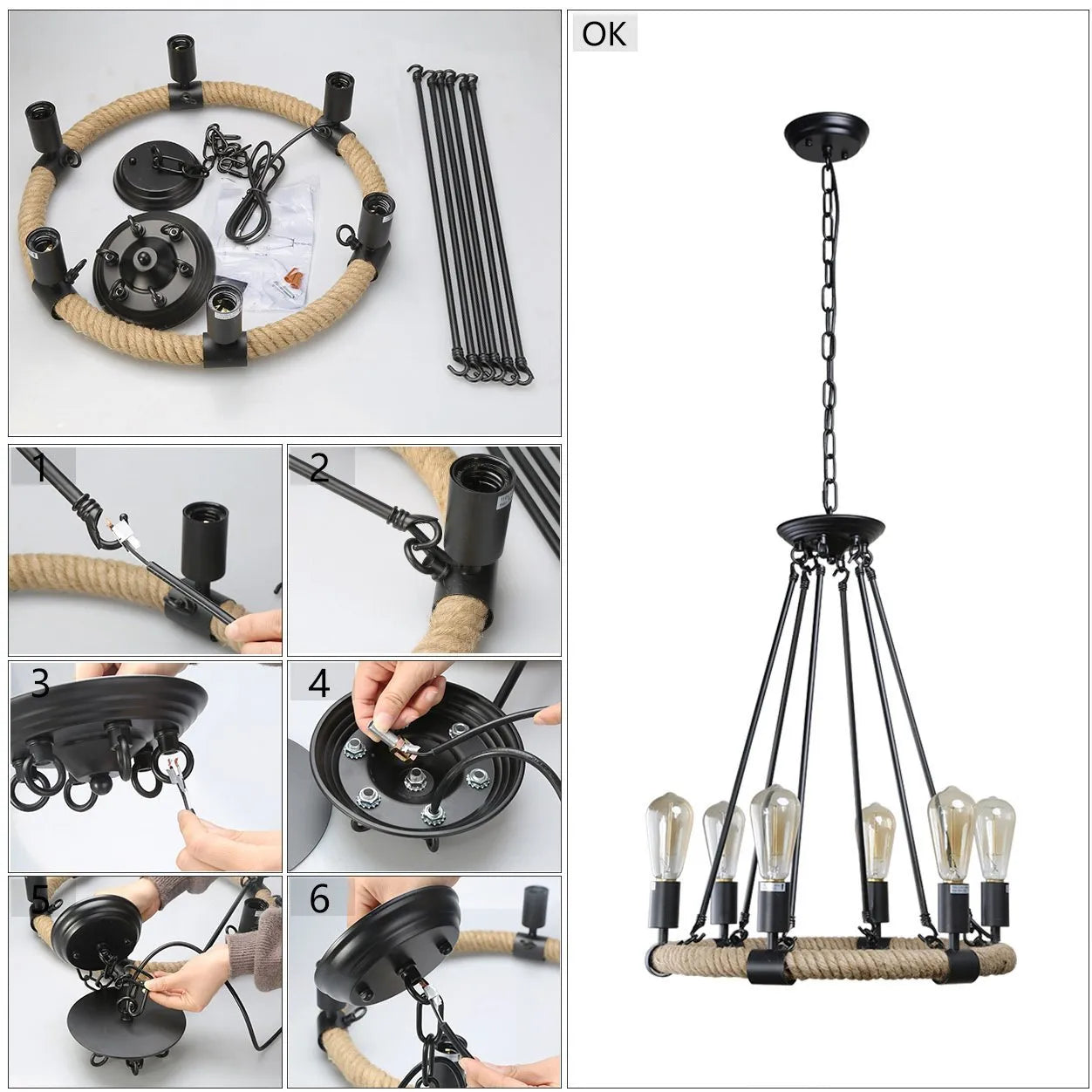 AUR -PEND-8801-D6 Ganges 6 Light Up Chandelier with Black Finish