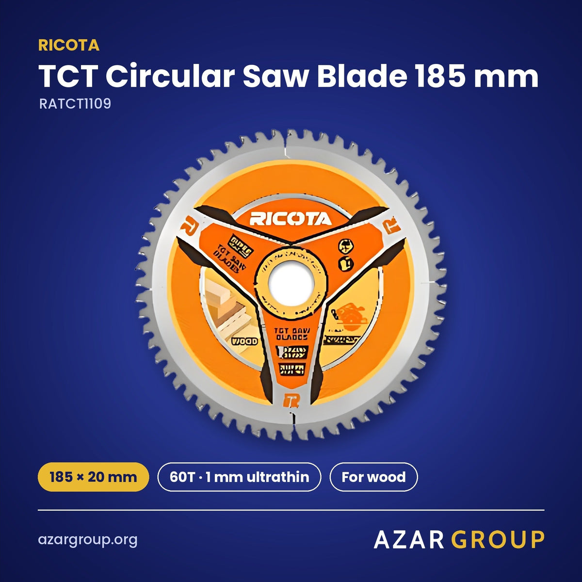 RICOTA RATCT1109 TCT Circular Saw Blade 185 mm – 185 × 20 mm, 60T · 1 mm ultrathin, For wood
