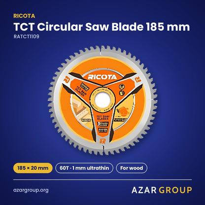 RICOTA RATCT1109 TCT Circular Saw Blade 185 mm – 185 × 20 mm, 60T · 1 mm ultrathin, For wood
