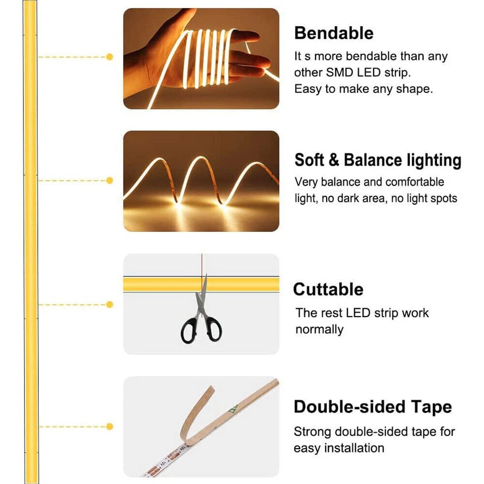 Aura COB LED Strip Light 24V 3MM 8W/m (10M/Roll, 2CM Cut) Aura Lighting