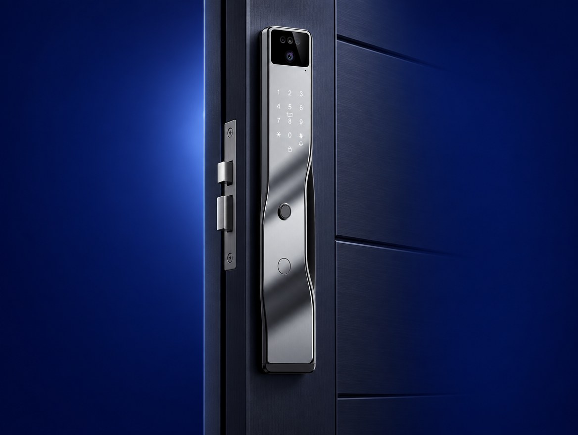 V.E.M. F7 smart door lock with camera and keypad mounted on a modern door