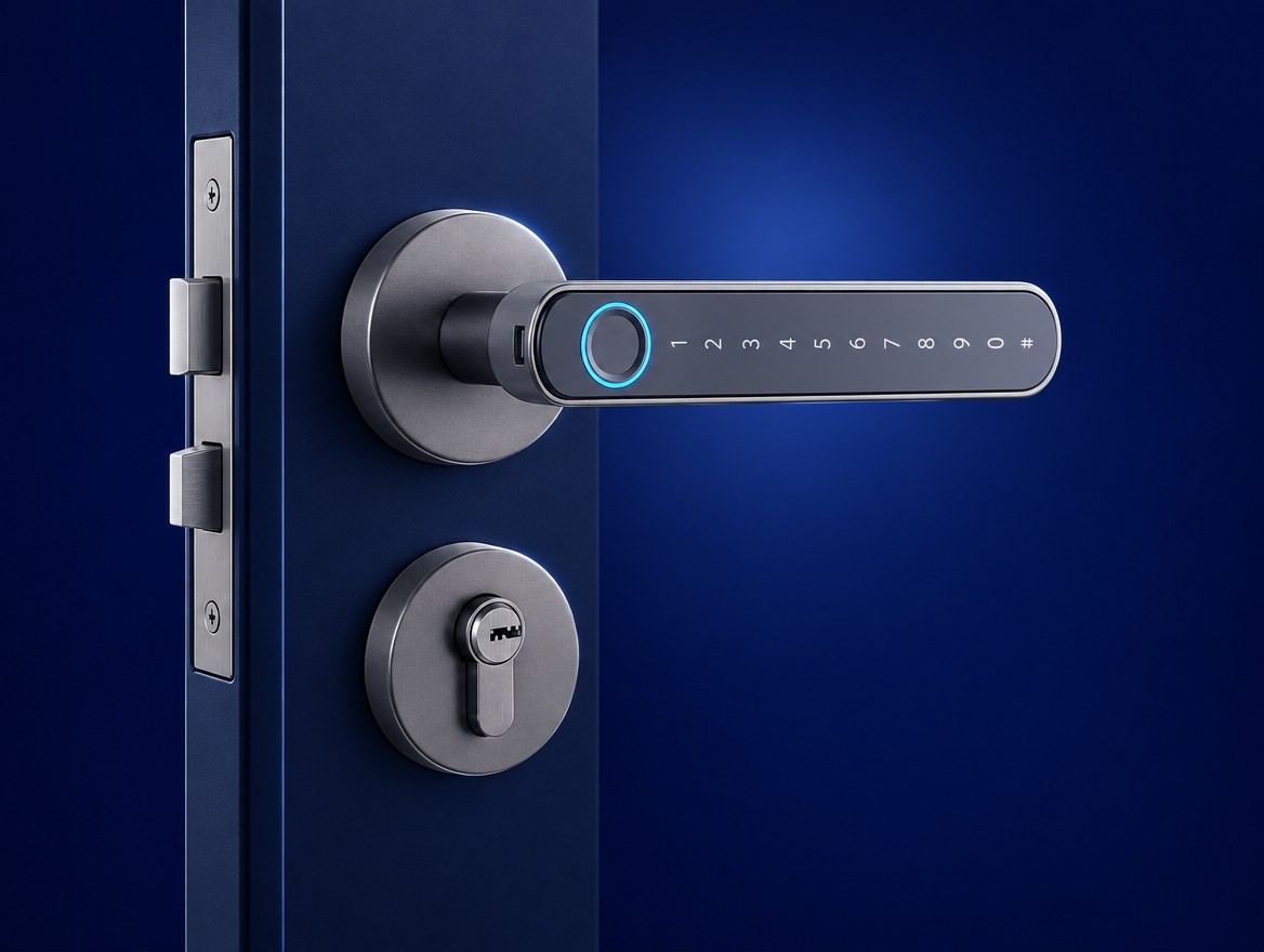 V.E.M. T6 zinc alloy smart lock handle set fitted to a door