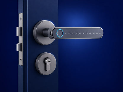 V.E.M. T6 zinc alloy smart lock handle set fitted to a door