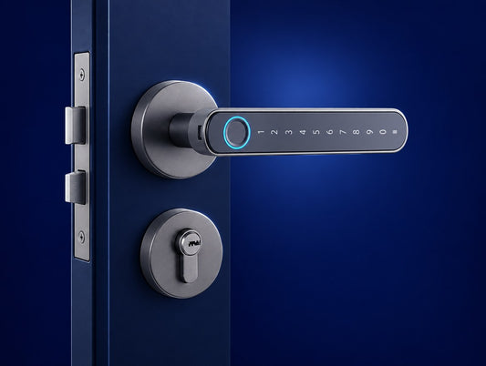 V.E.M. T6 zinc alloy smart lock handle set fitted to a door