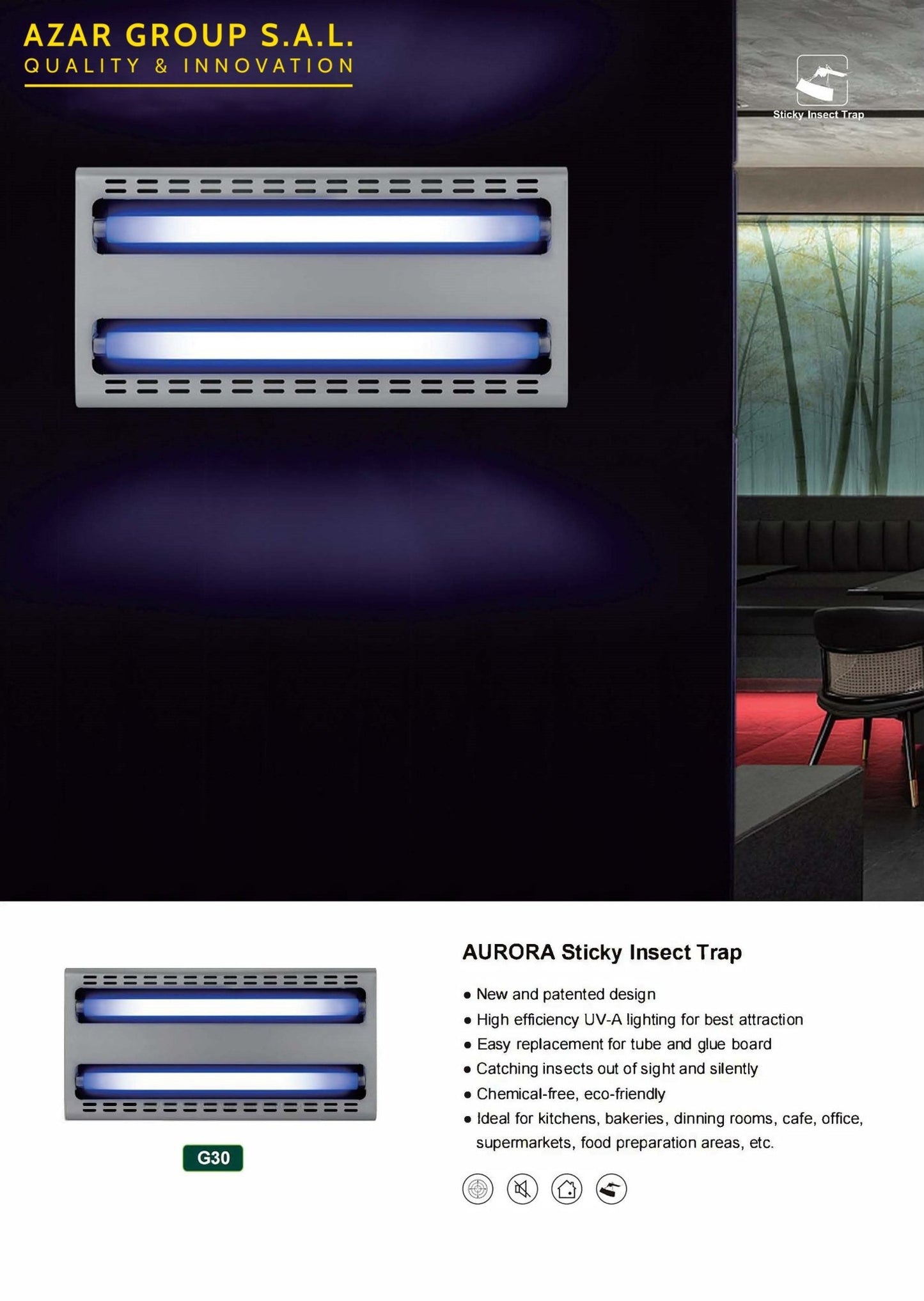 VEM G30 AURORA GLUE Board Insect Trap 2X15W UV - A tubes 201 Stainless Steel - Insect Killers - V.E.M. - Azar Group