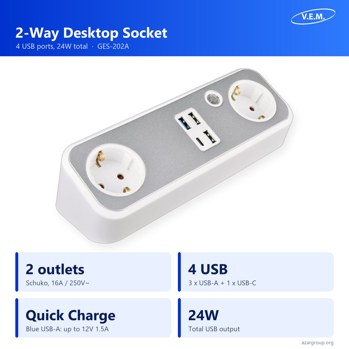 V.E.M. 2-way desktop socket GES-202A: 2 Schuko outlets, 4 USB ports, 24W total