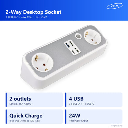 V.E.M. 2-way desktop socket GES-202A: 2 Schuko outlets, 4 USB ports, 24W total