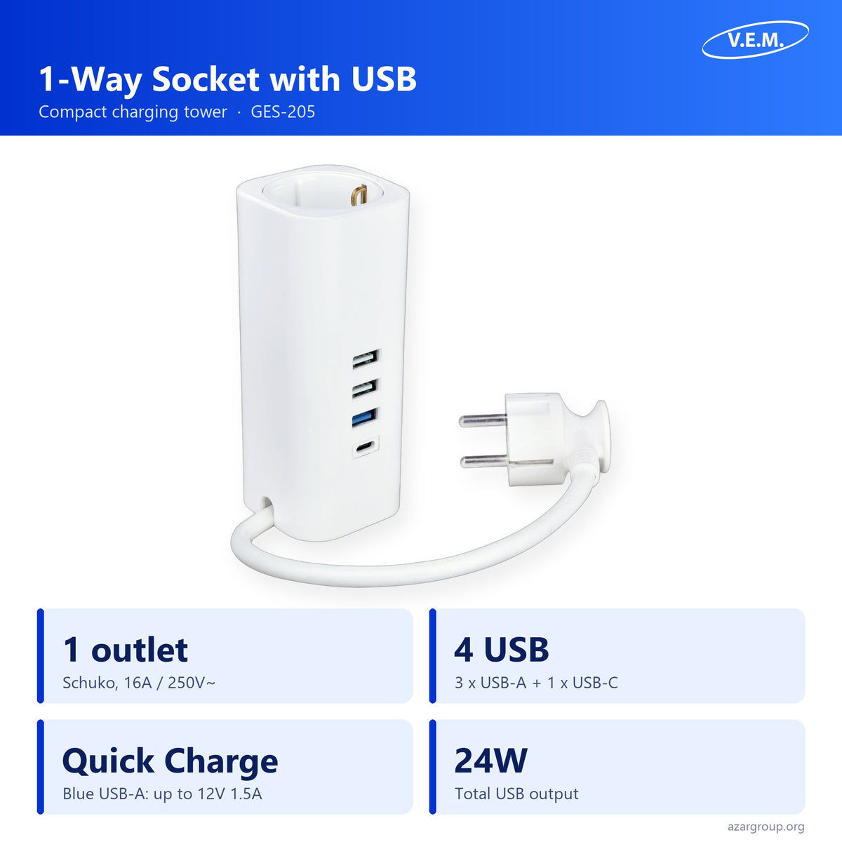 V.E.M. 1-way socket with USB GES-205: 1 Schuko outlet, 4 USB ports, 24W total