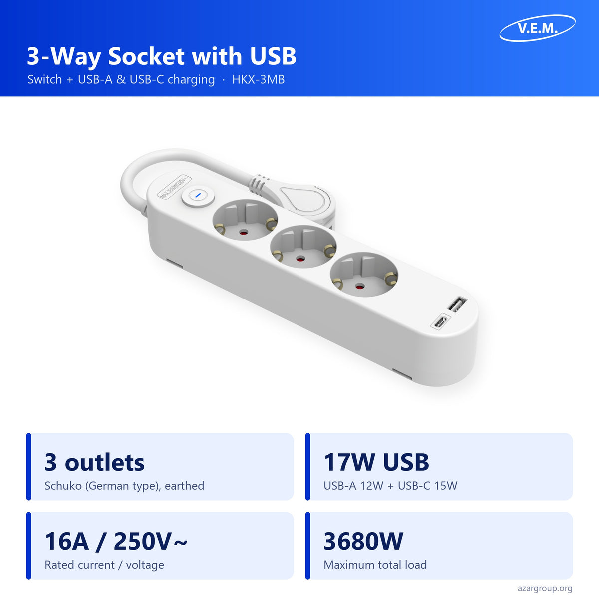 V.E.M. 3-way socket with USB HKX-3MB: 3 Schuko outlets, USB-A and USB-C 17W, 16A 250V