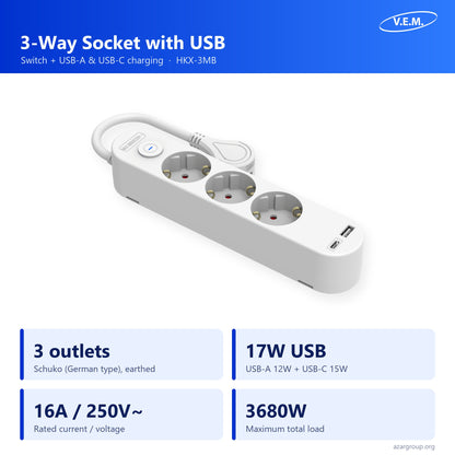 V.E.M. 3-way socket with USB HKX-3MB: 3 Schuko outlets, USB-A and USB-C 17W, 16A 250V