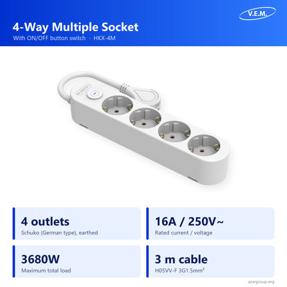 V.E.M. 4-way multiple socket HKX-4M: 4 Schuko outlets, 16A 250V, 3680W, 3 m cable