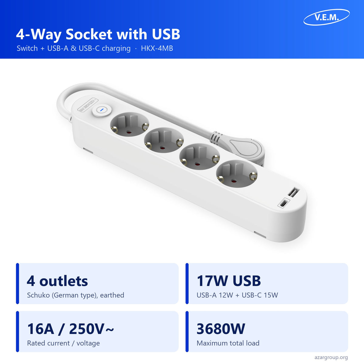 V.E.M. 4-way socket with USB HKX-4MB: 4 Schuko outlets, USB-A and USB-C 17W, 16A 250V