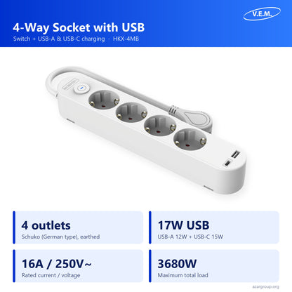 V.E.M. 4-way socket with USB HKX-4MB: 4 Schuko outlets, USB-A and USB-C 17W, 16A 250V