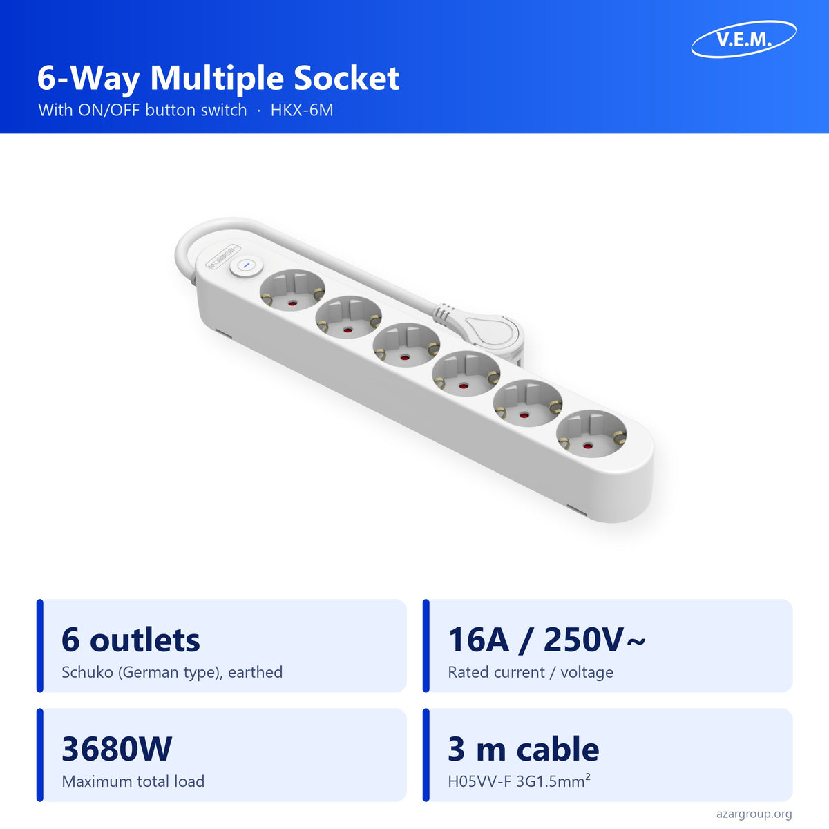 V.E.M. 6-way multiple socket HKX-6M: 6 Schuko outlets, 16A 250V, 3680W, 3 m cable