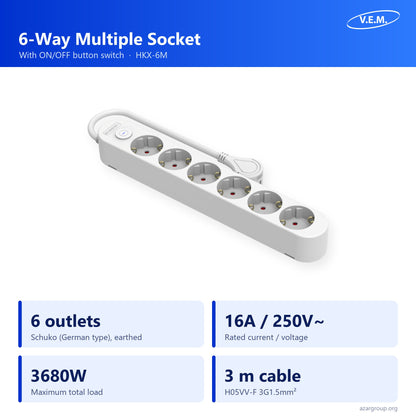 V.E.M. 6-way multiple socket HKX-6M: 6 Schuko outlets, 16A 250V, 3680W, 3 m cable