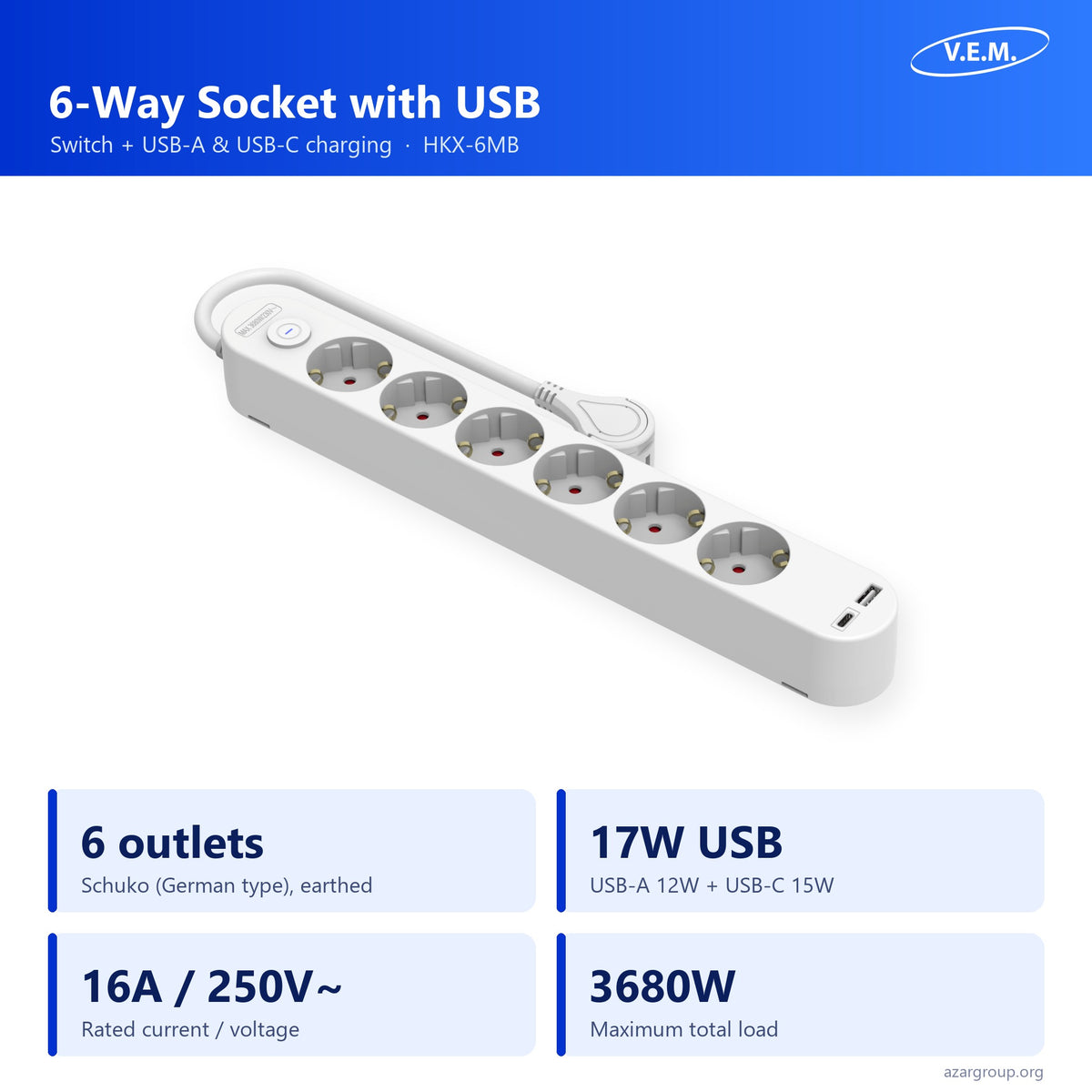 V.E.M. 6-way socket with USB HKX-6MB: 6 Schuko outlets, USB-A and USB-C 17W, 16A 250V