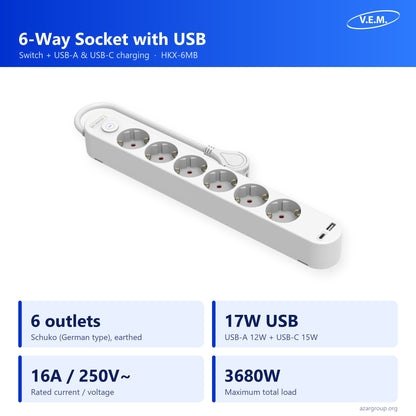 V.E.M. 6-way socket with USB HKX-6MB: 6 Schuko outlets, USB-A and USB-C 17W, 16A 250V