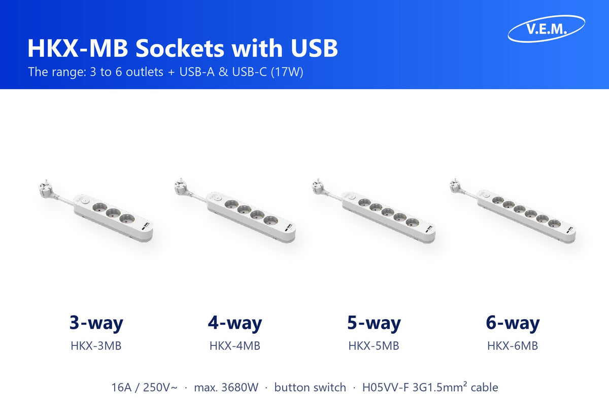 V.E.M. HKX-MB socket with USB range: 3, 4, 5 and 6 way with USB-A and USB-C