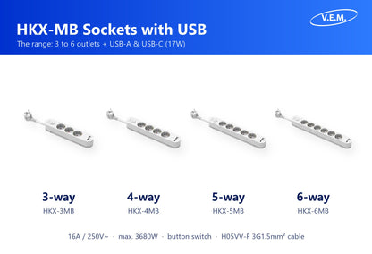 V.E.M. HKX-MB socket with USB range: 3, 4, 5 and 6 way with USB-A and USB-C