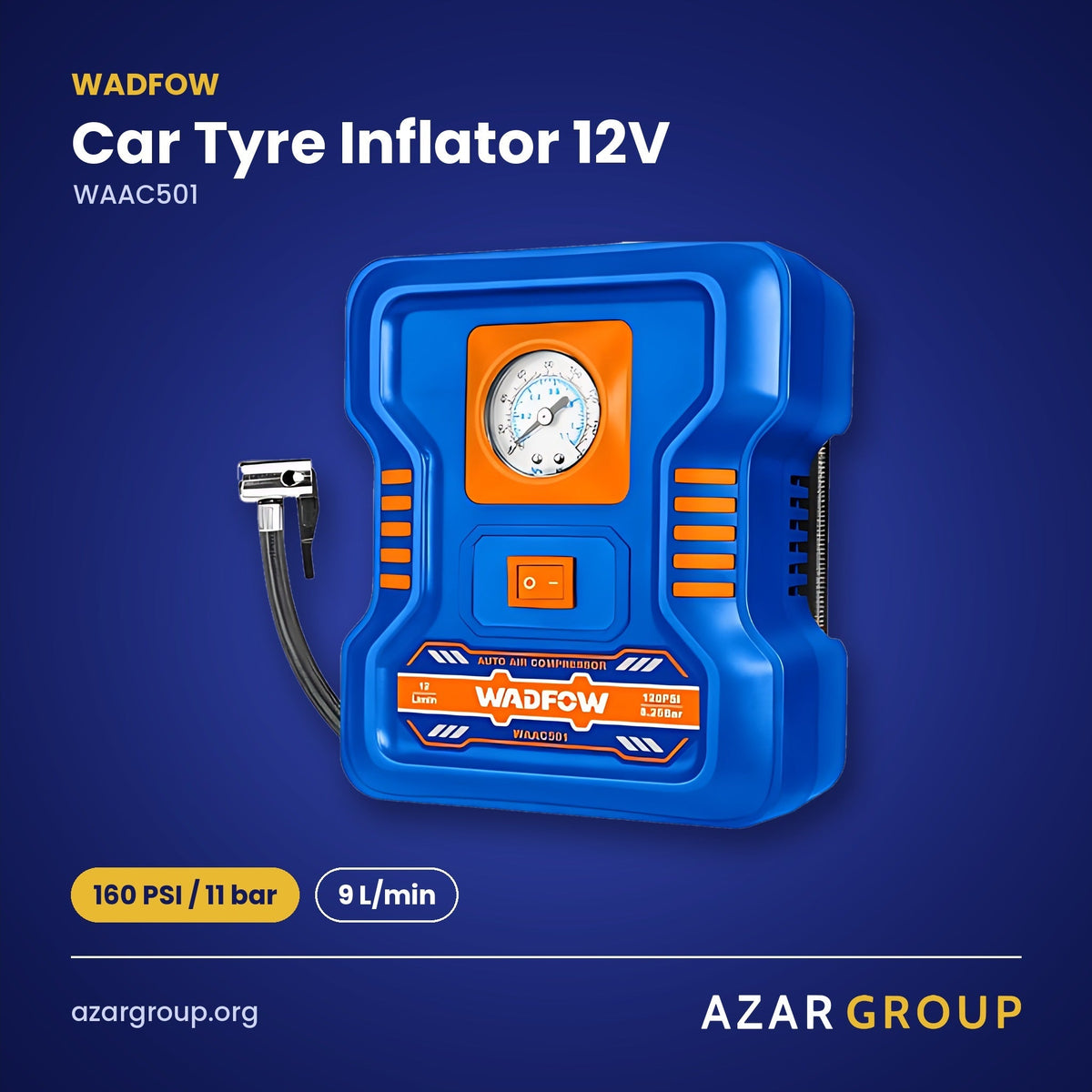 WADFOW WAAC501 Car Tyre Inflator 12V – 160 PSI / 11 bar, 9 L/min
