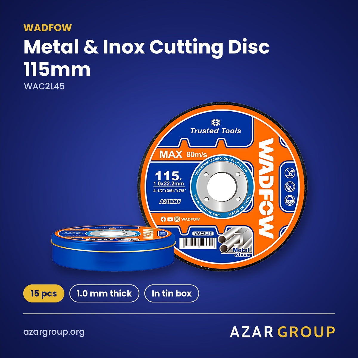 WADFOW WAC2L45 Metal & Inox Cutting Disc 115mm – 15 pcs, 1.0 mm thick, In tin box