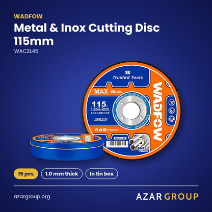 WADFOW WAC2L45 Metal & Inox Cutting Disc 115mm – 15 pcs, 1.0 mm thick, In tin box