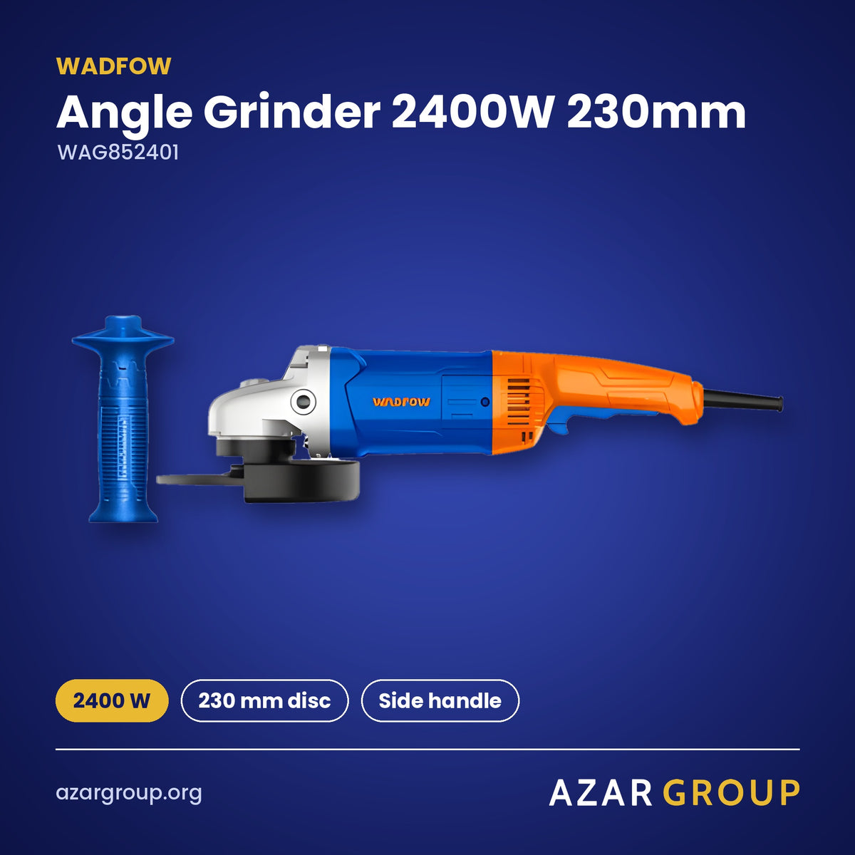WADFOW WAG852401 Angle Grinder 2400W 230mm – 2400 W, 230 mm disc, Side handle