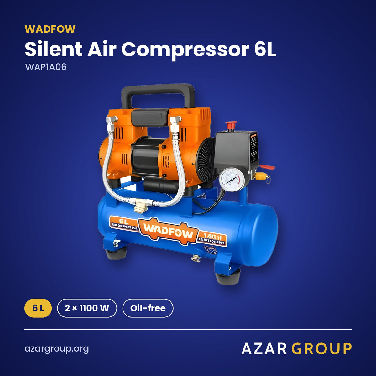 WADFOW WAP1A06 Silent Air Compressor 6L – 6 L, 2 × 1100 W, Oil-free