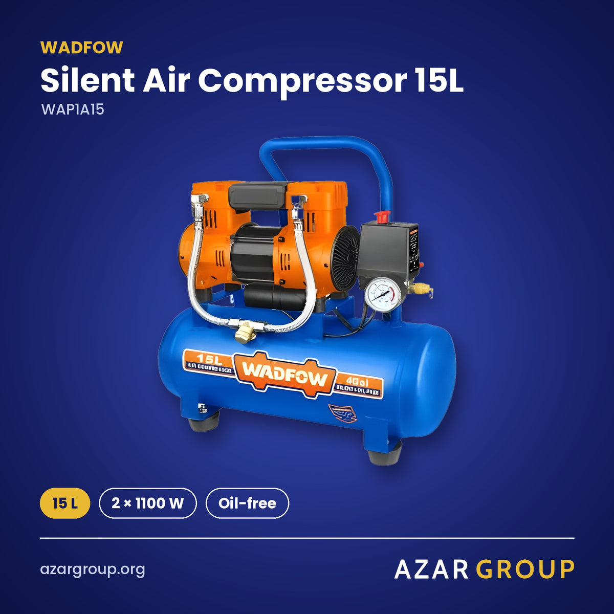 WADFOW WAP1A15 Silent Air Compressor 15L – 15 L, 2 × 1100 W, Oil-free