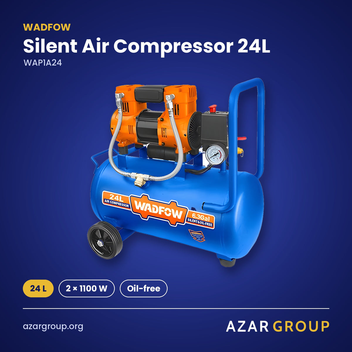 WADFOW WAP1A24 Silent Air Compressor 24L – 24 L, 2 × 1100 W, Oil-free