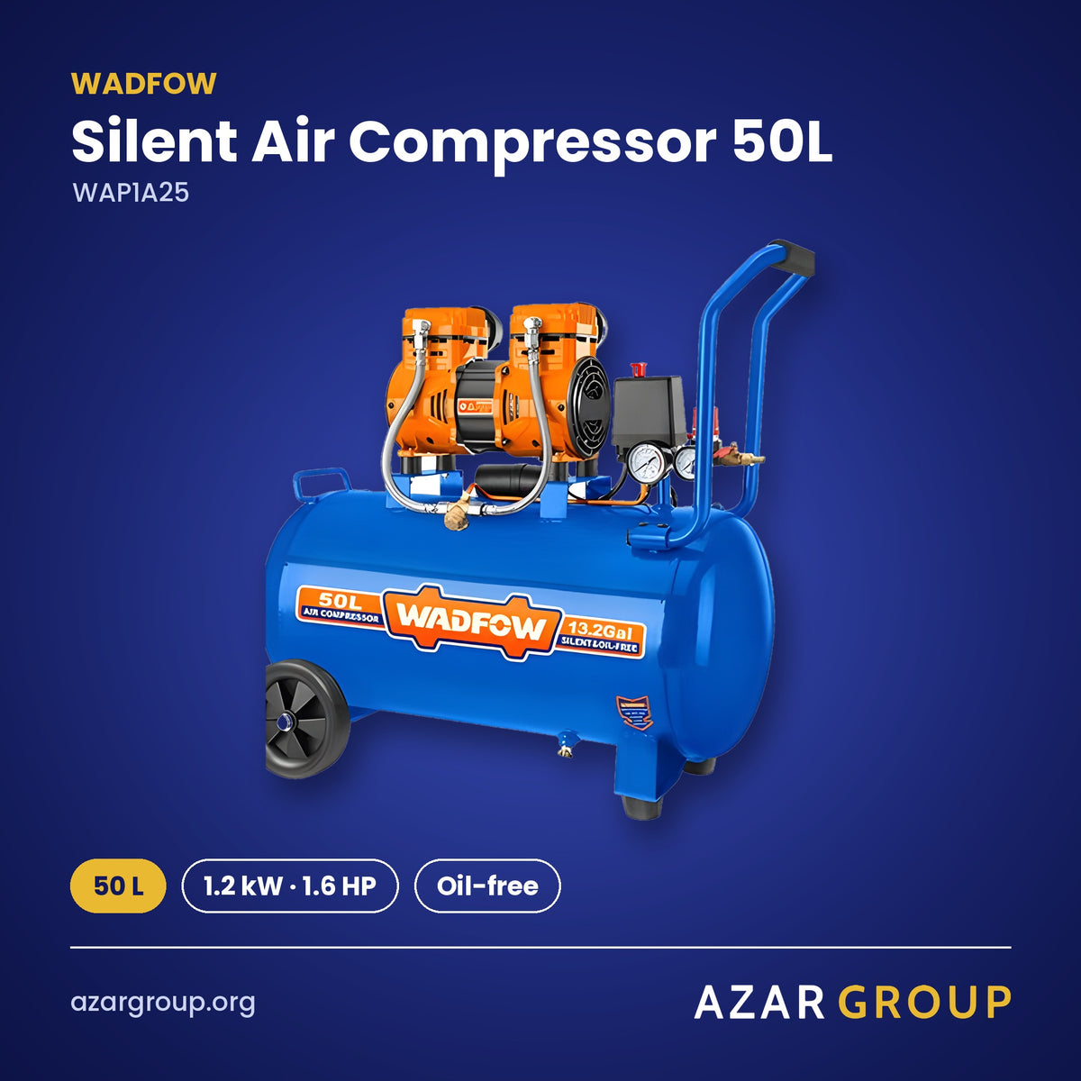 WADFOW WAP1A25 Silent Air Compressor 50L – 50 L, 1.2 kW · 1.6 HP, Oil-free