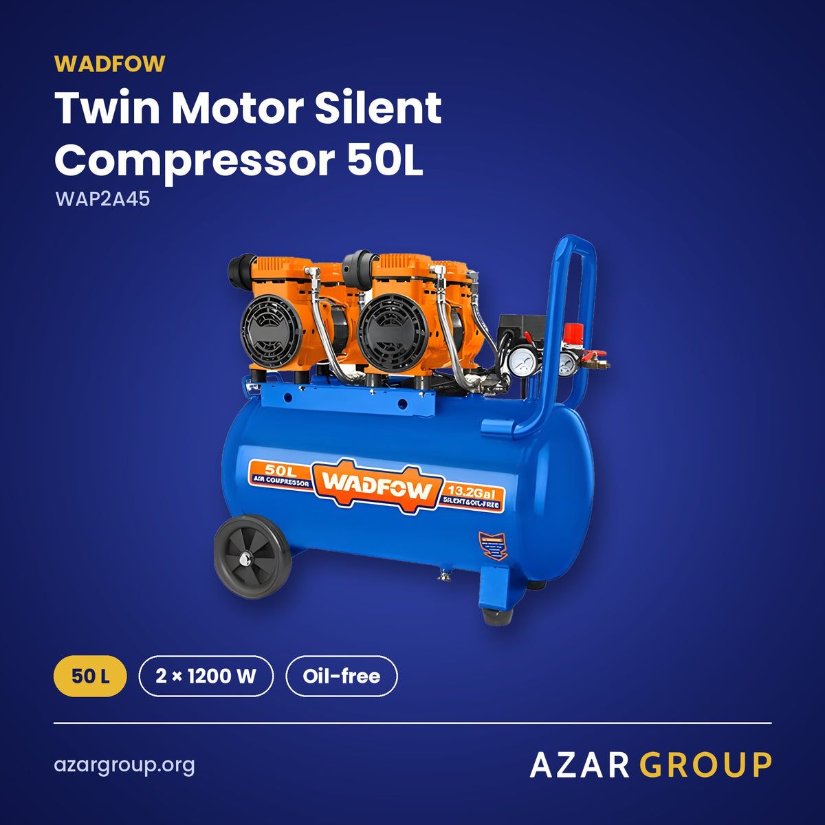 WADFOW WAP2A45 Twin Motor Silent Compressor 50L – 50 L, 2 × 1200 W, Oil-free