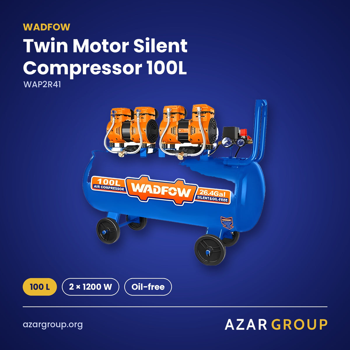 WADFOW WAP2R41 Twin Motor Silent Compressor 100L – 100 L, 2 × 1200 W, Oil-free