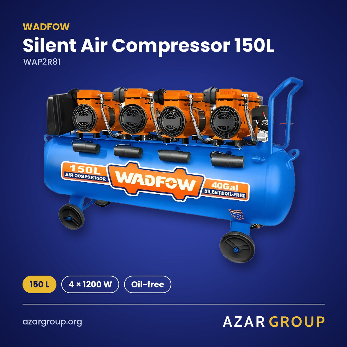 WADFOW WAP2R81 Silent Air Compressor 150L – 150 L, 4 × 1200 W, Oil-free