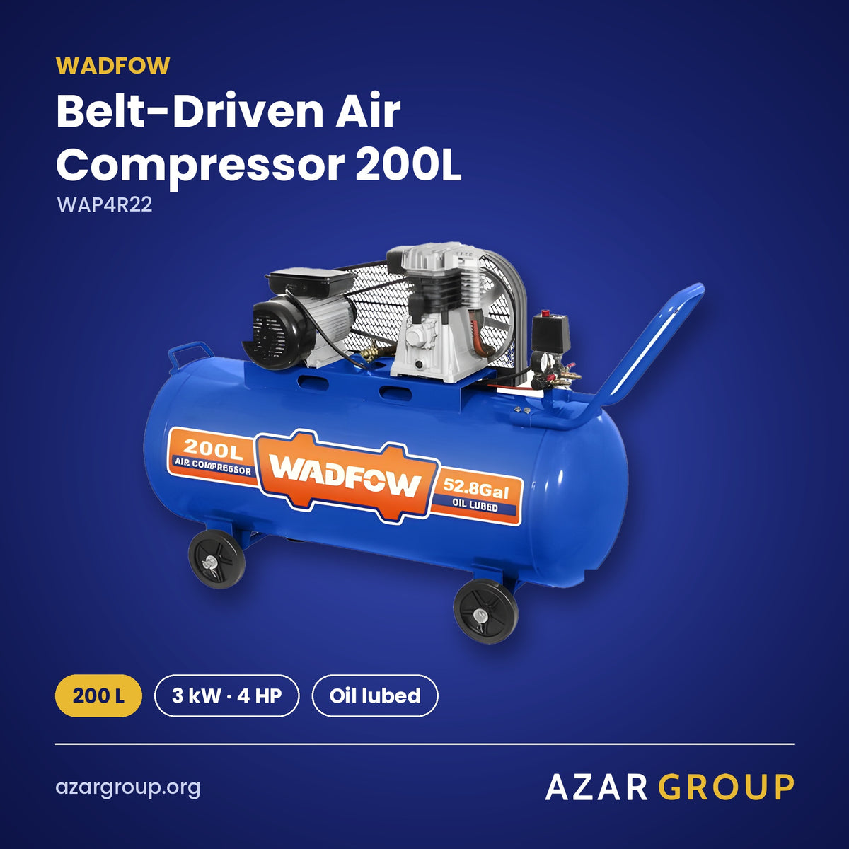 WADFOW WAP4R22 Belt-Driven Air Compressor 200L – 200 L, 3 kW · 4 HP, Oil lubed