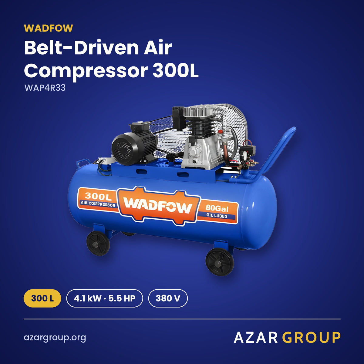WADFOW WAP4R33 Belt-Driven Air Compressor 300L – 300 L, 4.1 kW · 5.5 HP, 380 V