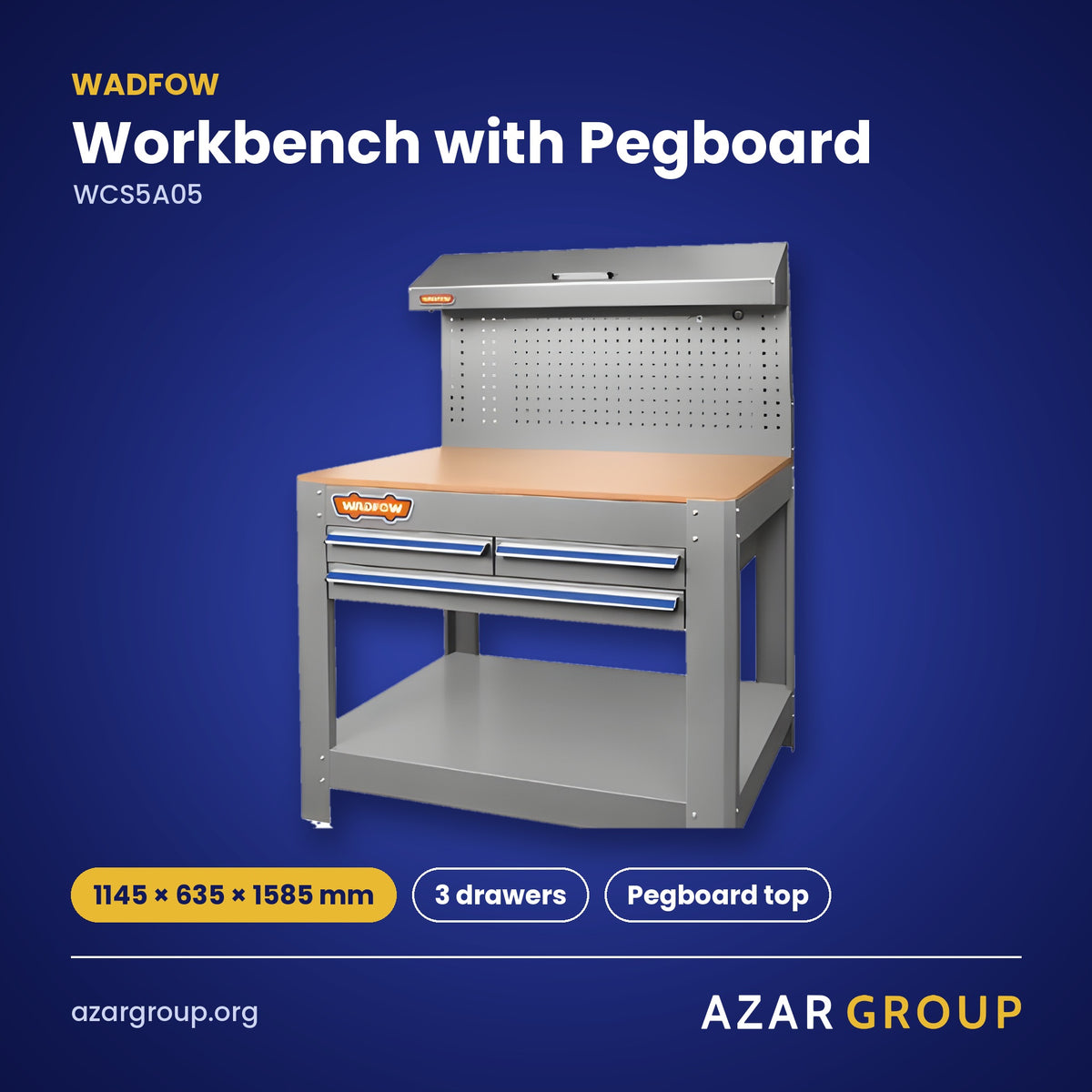 WADFOW WCS5A05 Workbench with Pegboard – 1145 × 635 × 1585 mm, 3 drawers, Pegboard top