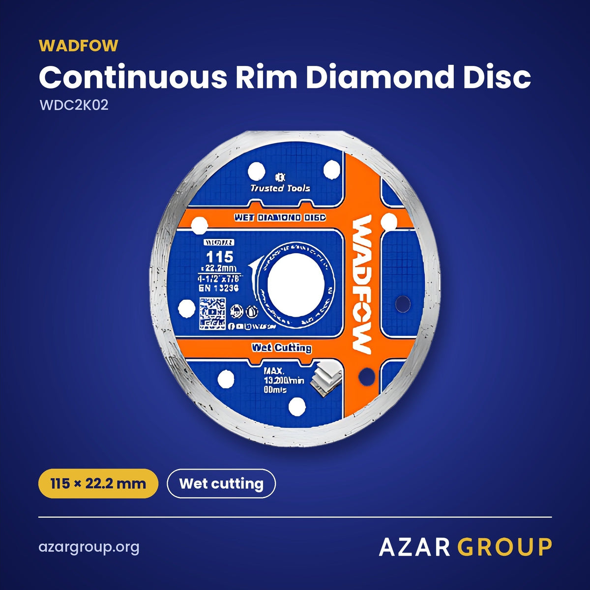WADFOW WDC2K02 Continuous Rim Diamond Disc – 115 × 22.2 mm, Wet cutting
