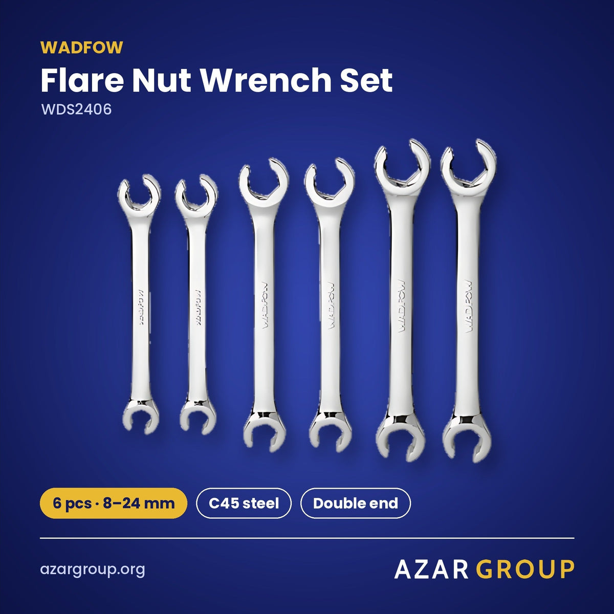 WADFOW WDS2406 Flare Nut Wrench Set – 6 pcs · 8–24 mm, C45 steel, Double end