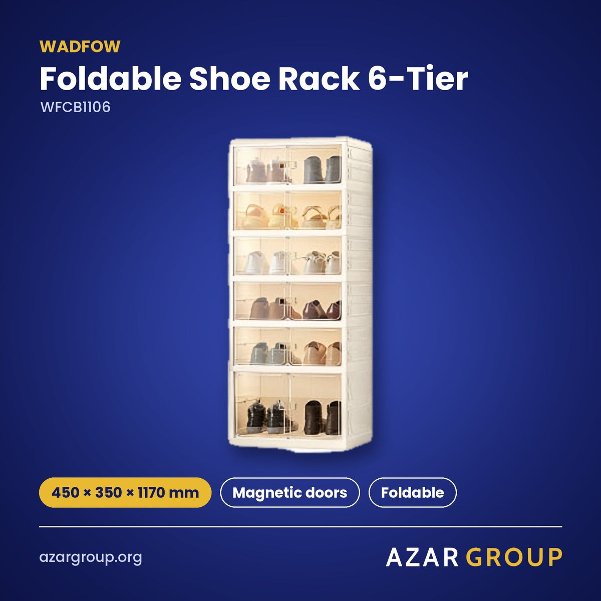 WADFOW WFCB1106 Foldable Shoe Rack 6-Tier – 450 × 350 × 1170 mm, Magnetic doors, Foldable
