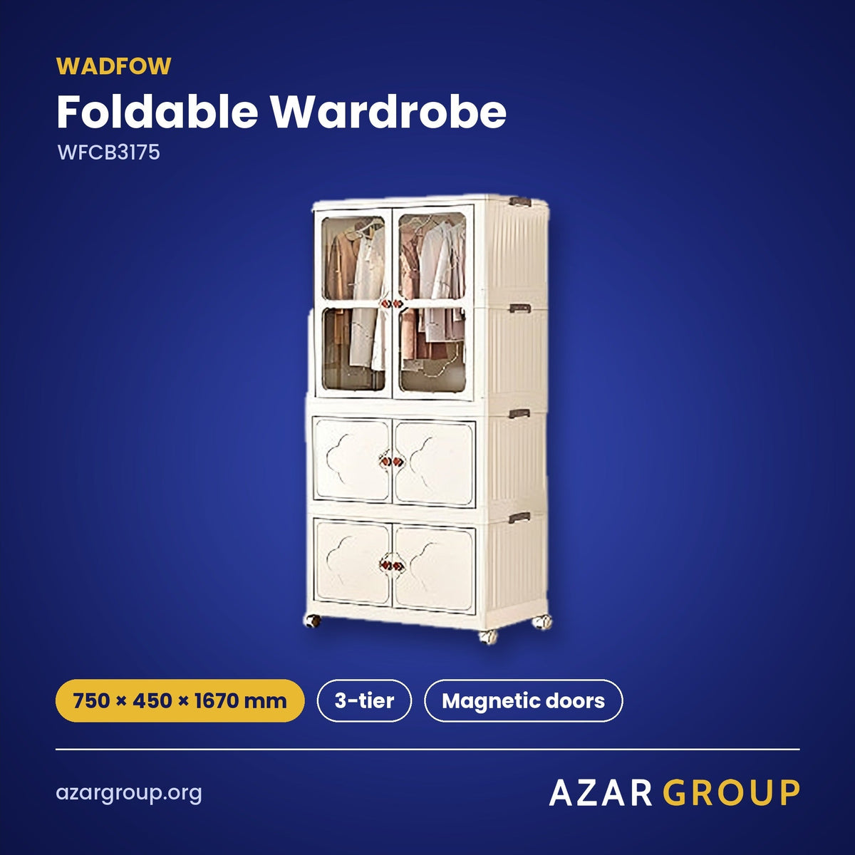 WADFOW WFCB3175 Foldable Wardrobe – 750 × 450 × 1670 mm, 3-tier, Magnetic doors