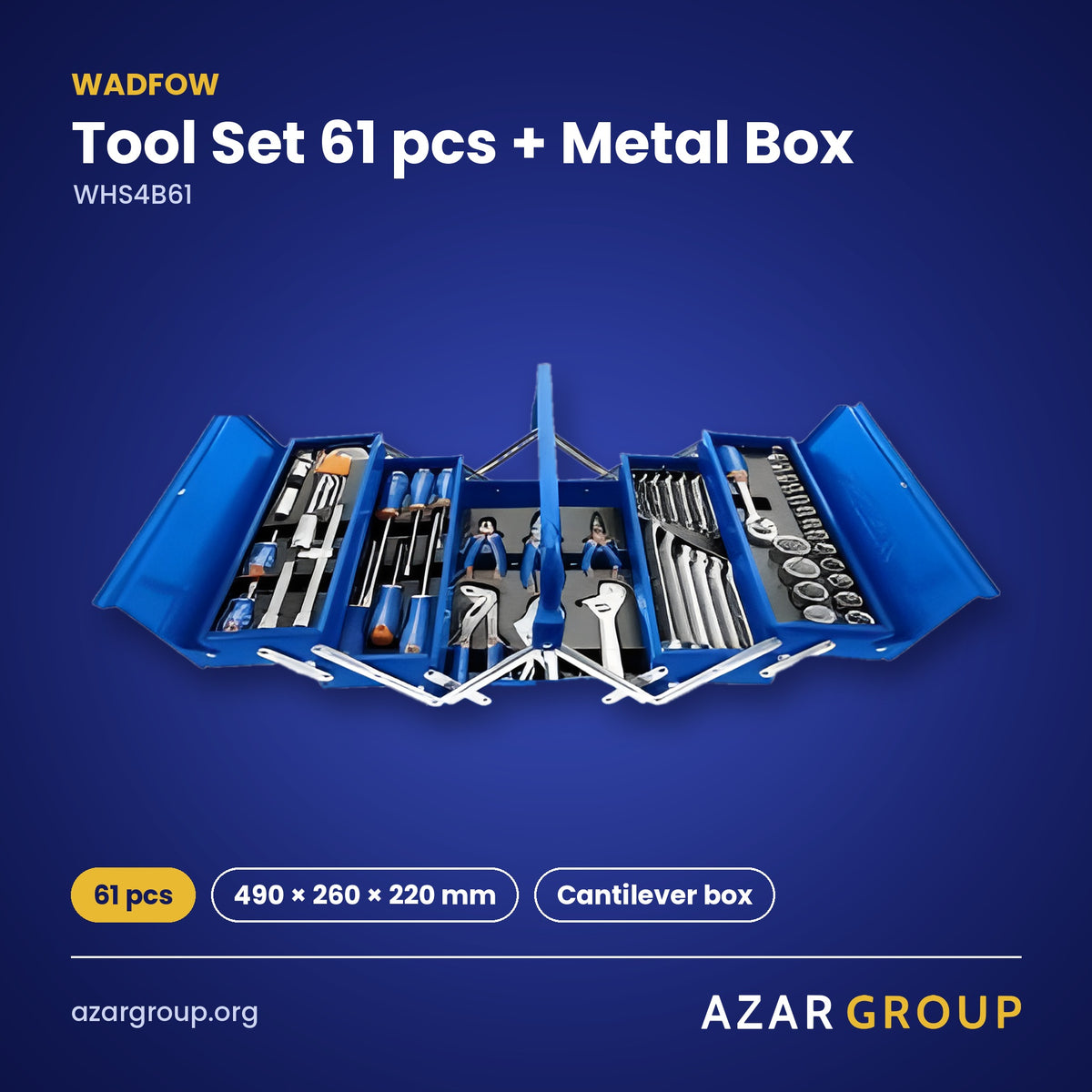 WADFOW WHS4B61 Tool Set 61 pcs + Metal Box – 61 pcs, 490 × 260 × 220 mm, Cantilever box